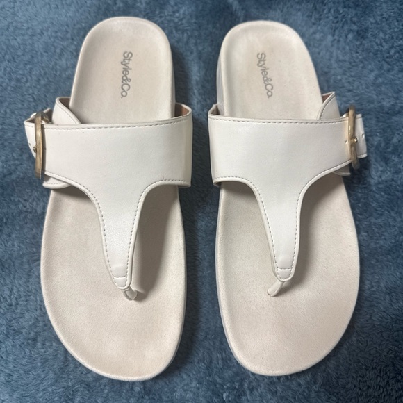 Style & Co. Shoes - Style & Co. Cream Toe-Post Sandals with Gold Buckle